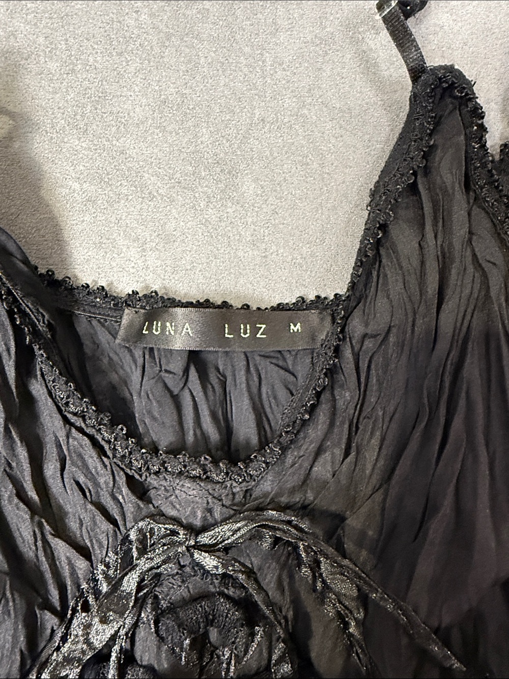 Luna Luz Black Crinkle Spaghetti-Strap Midi Dress, goth inspired! - Picture 2 of 9